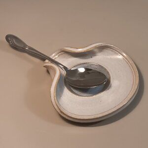 Handmade studio pottery ceramic spoon rest w/ blue & white glaze
